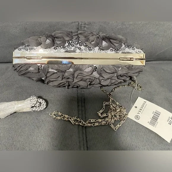 Versona Gray/Silver Floral Sequin Clutch Bag Removable Straps NWT - Picture 10 of 11